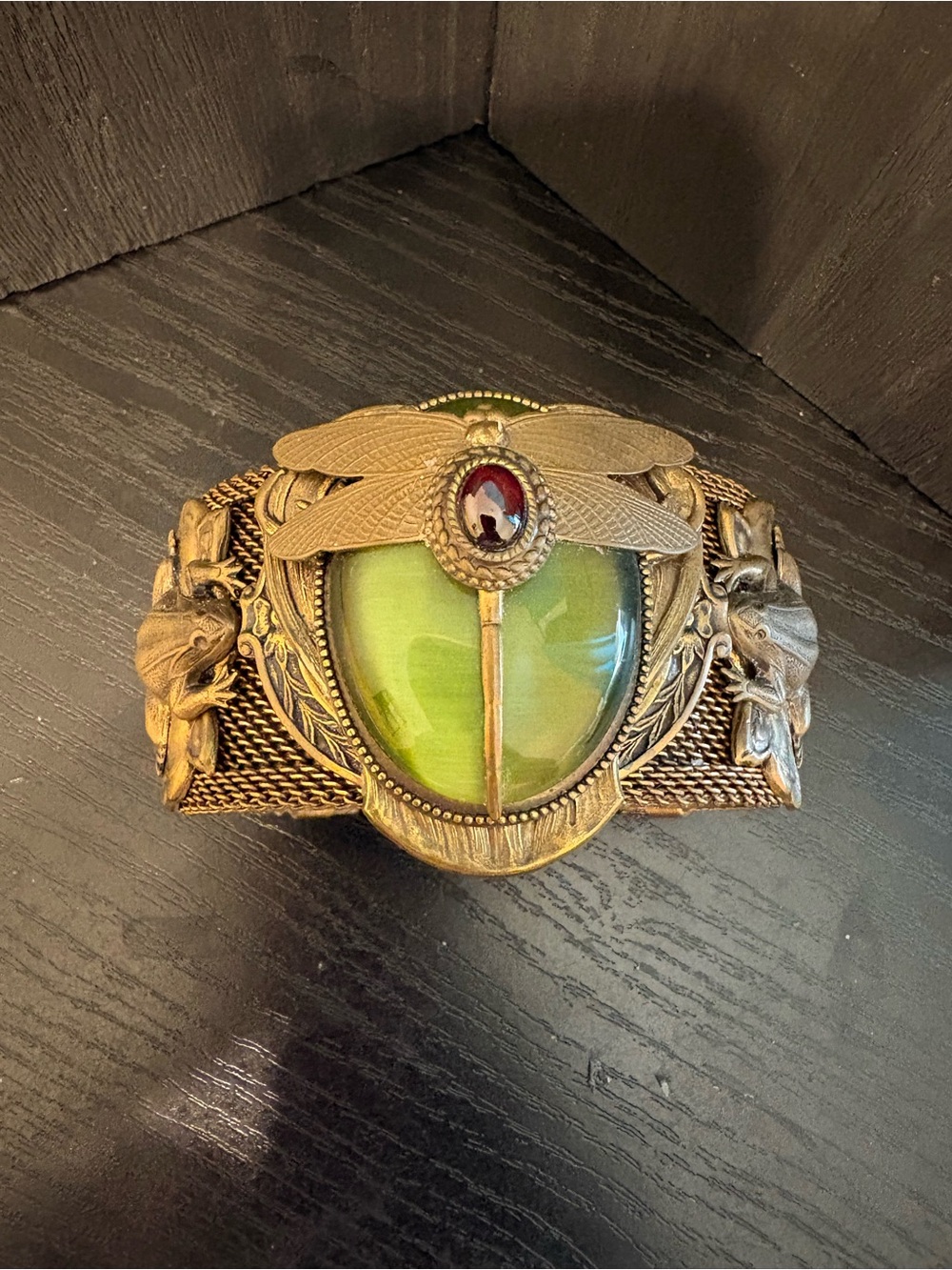 Patrice cuff bracelet dragonfly sculptural brass garnet green stone vintage WOW!